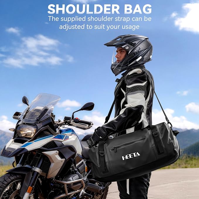 HEETA Waterproof Motorcycle Dry Bag, Waterproof Duffel Luggage Travel Bags with Zippered Closure & Pocket, Shoulder Straps, Large Space for Motorcycling Camping Commuting Boating (Black, 70L)