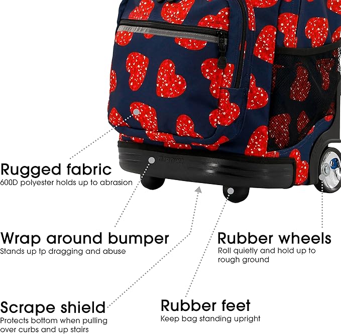 J World Sunrise Kids Rolling Backpack for Girls Boys. Roller Bookbag With Wheels For School, Love Spangle
