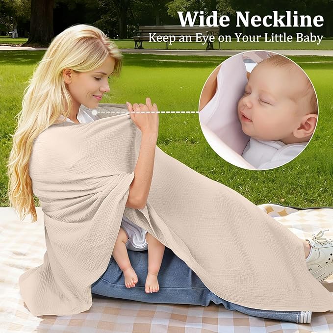 Muslin Nursing Cover Up for Breastfeeding, Soft & Breathable Cotton Breast Feeding Cover for Women, Full Privacy Breastfeeding Cover - Newborn Baby Essential, Light Brown