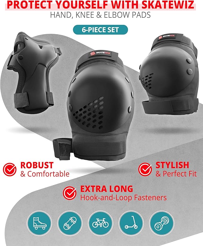 SKATEWIZ Skateboard Pads Protective Gear Set for Kids and Adults - Smash - Roller Skate Pads [6pc] with Wrist Guards - Skating Protective Gear - Roller Derby