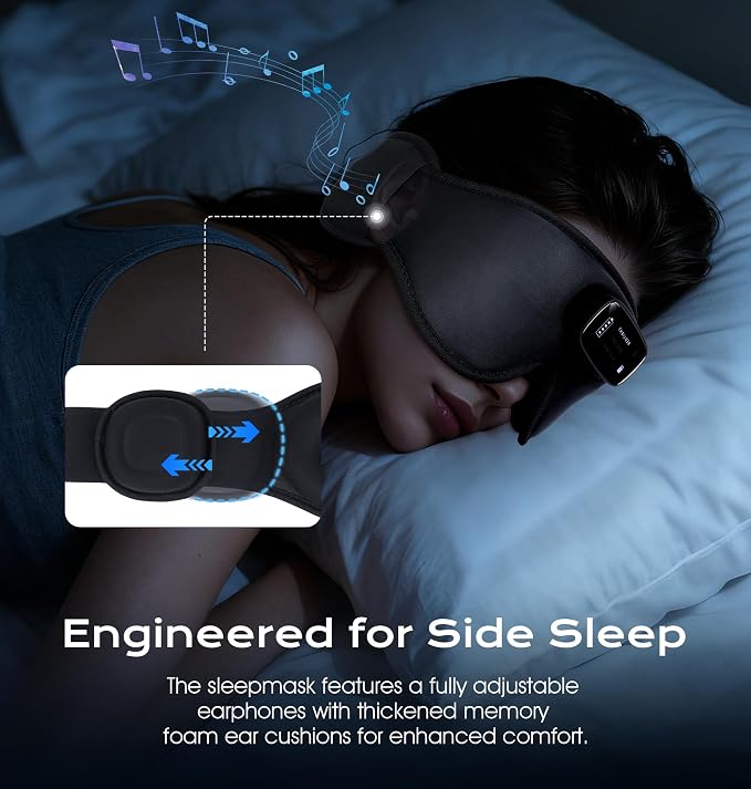 TOPOINT Sleep Mask with Headphones Bluetooth 5.4-3D Zero-Pressure Design Adjustable Sleep Headphones 100% Light Blocking Sleep Headphones with White Noise Sounds Comfortable(Onyx)