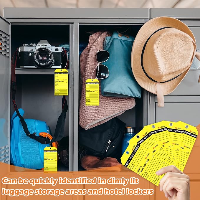 100 Pcs Lost and Found Tags with String & Marker Fluorescent Yellow Lost & Found Record Tags 5 1/4" x 2 5/8" Hotel Luggage Tags Lost and Found Labels Property Tag for Hotel Restaurants Luggage Storage