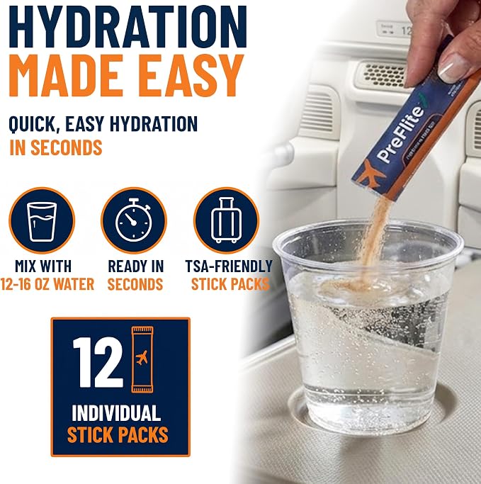 PreFlite Travel Hydration Powder for Flying, Sugar Free Electrolyte Drink Mix with Zinc, Vitamin B12, L-Theanine & Prebiotic Fiber, AirBerry Flavor, 12 Stick Packs