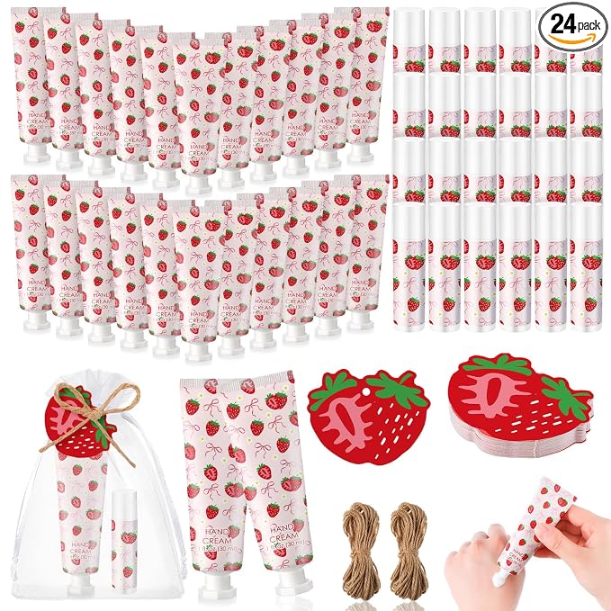 Lounsweer 24 Sets Pink Bow Strawberry Birthday Hand Cream and Lip Balm Gift Strawberry Bows Baby Shower Party Favor for Guest Travel Size Hand Lotion and Lip Balm Bridal Shower Birthday Party Supplies
