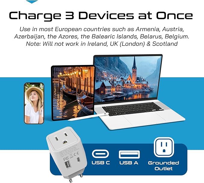 Ceptics European, Egypt Travel Adapter Plug with Dual USB - Type C - Europe - Usa Input - Light Weight - Perfect for Cell Phones, Chargers, Cameras and More - 2 Pack