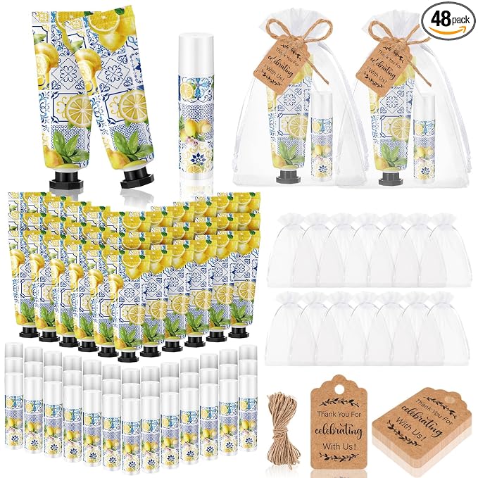 48 Set Capri Lemon Party Favors Bulk Italian Lemon Hand Cream and Lip Balm Gifts for Bridal Baby Shower Party Travel Size Lemonade Hand Lotion Lip Balm Set with Bag Tag for Guest Gender Reveal