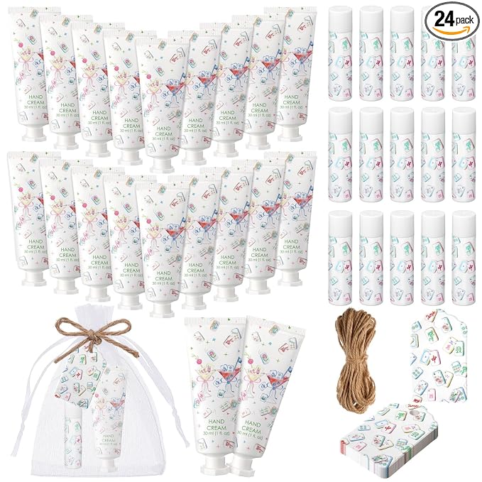 24 Sets Mahjong Themed Hand Cream and Lip Balm Mah Jong Themed Gift Mahjong Party Favors for Guests Travel Size Hand Lotion Lip Balm Game Night Family Play Day Theme Birthday Baby Bridal Shower Favors