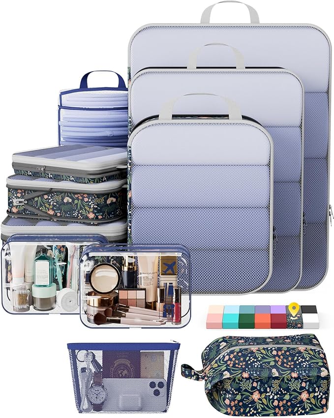 Veken 11 Set Compression Packing Cubes for Travel Essentials,Compressible Expandable Large Luggage Suitcase Organizer Bags for Clothing,Durable Space Saver Storage Bags(Dark Blue Floral)