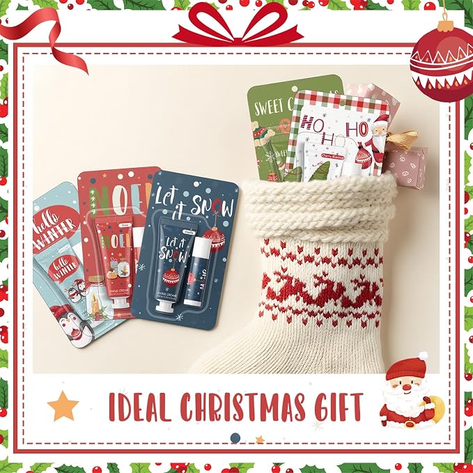 30 Pcs Christmas Hand Cream and Lip Balm Gift Sets, Christmas Stocking Stuffers Travel Size Hand Lotion Lip Balm Xmas Party Holiday Gifts for Women Mom Staff Coworkers Adult Girls