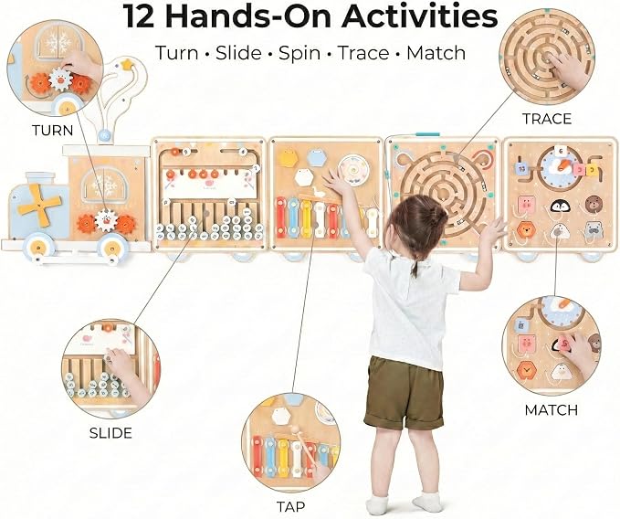 Pillowhale Train Activity Wall Busy Board, Wooden Montessori Sensory Toys, 12-in-1 Learning Activity Center for Playroom,Daycare, Nursery, Classroom, Educational Toys for Toddler