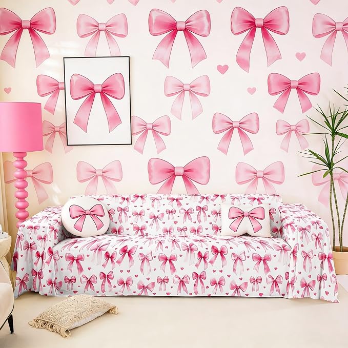 Princess Bow Couch Cover for 2 Cushion Couch,Kawaii Pink Bow Tie Couch Covers for Dogs Cat Scratch Proof Cute Bowknot Cartoon Love Hearts Dreamy Bowknot Seat Covers Soft Furniture Protector,71"x134"