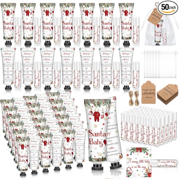 50 Sets 200 Pcs Christmas Santa Claus Baby Shower Gifts Bulk Hand Lotion and Lip Balm Gift Party Favors Travel Size Hand Lotion and Lip Balm with Organza Bags Tags