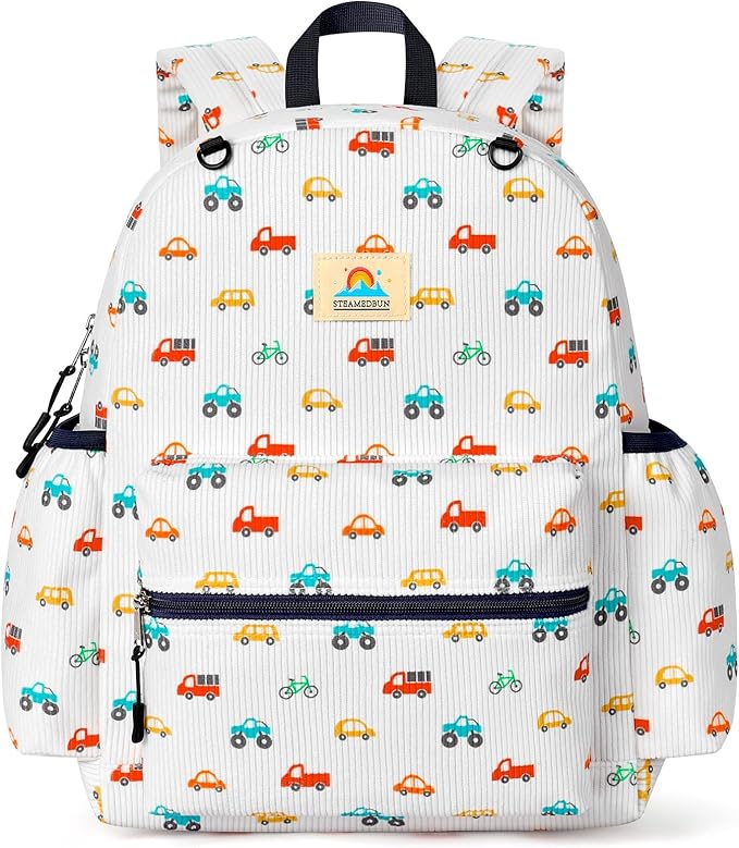 STEAMEDBUN Corduroy Kids Backpack for Boys and Girls 5-8: Boys Backpack for Elementary Kindergarten - 15 inch Cute Backpacks for Kids - Car