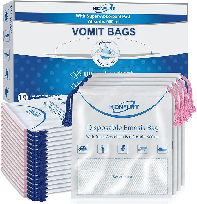 Hionfurt Absorbent Vomit Bag Disposable,19Pcs Emesis Bags-Turns Vomit into Gel,Leak Resistant Barf Bag,900ml Portable Nausea Bags for Travel Motion Sickness,Pregnancy,Kids,Taxi,car