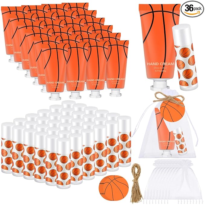 144 Pcs Basketball Lip Balm Hand Cream Set Party Favors, Include 36 Basketball Lip Balm 36 Moisturizing Hand Cream 36 Bags 36 Orange Gift Cards and Ropes for Man Women Accessories Gifts