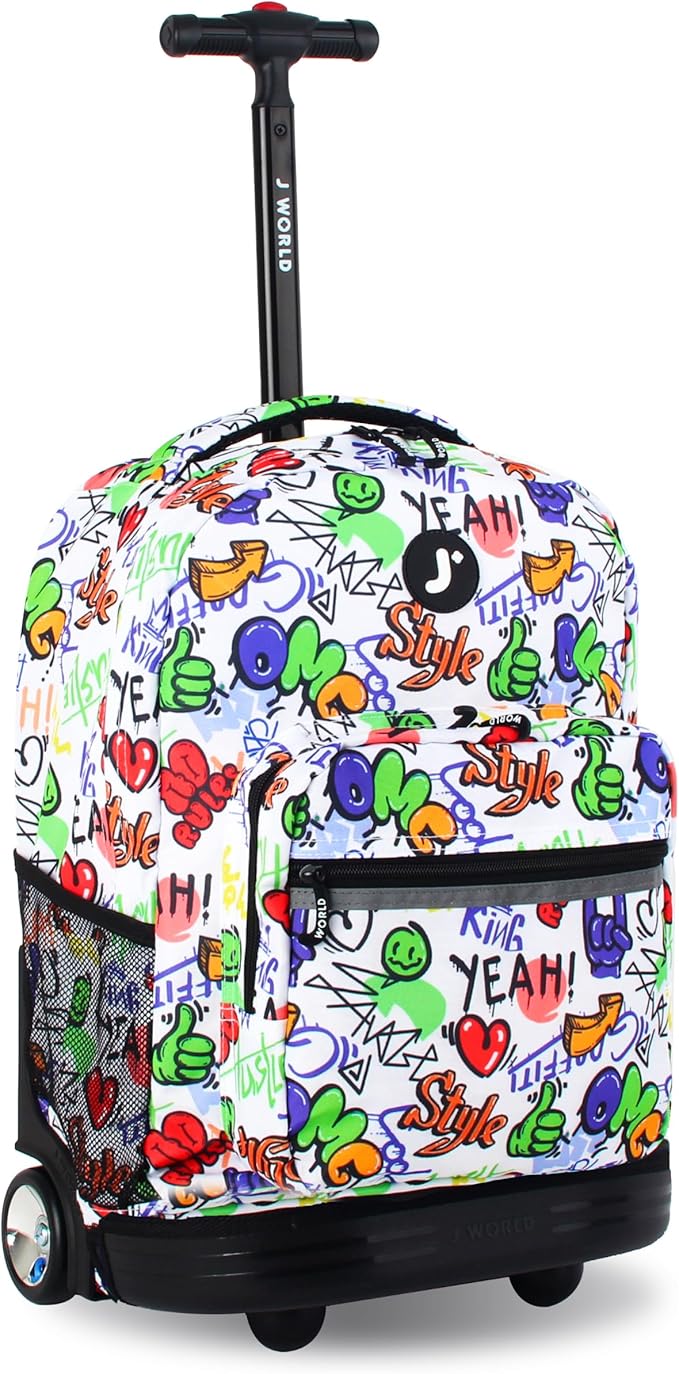 J World Sunrise Kids Rolling Backpack for Girls Boys. Roller Bookbag With Wheels For School, Street Art