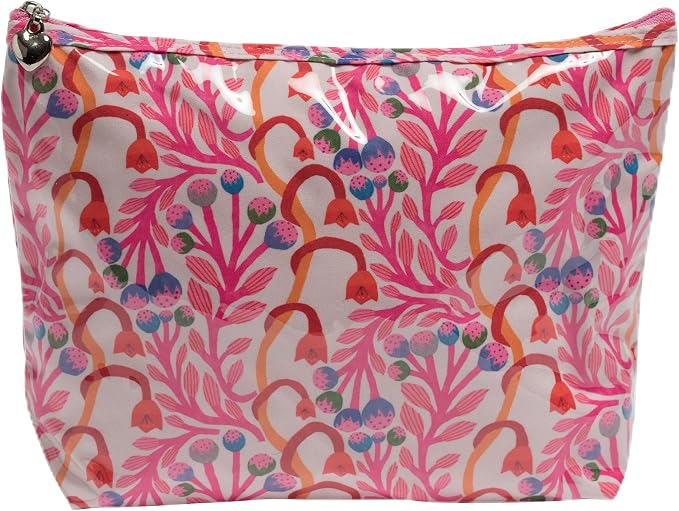 Jacaranda Living Medium Makeup Bag for Women – Water-Resistant Cosmetic & Toiletry Organizer with PVC Lining, Colorful Travel Pouch, Printed Zipper Cosmetic Case, Strawberry Vine