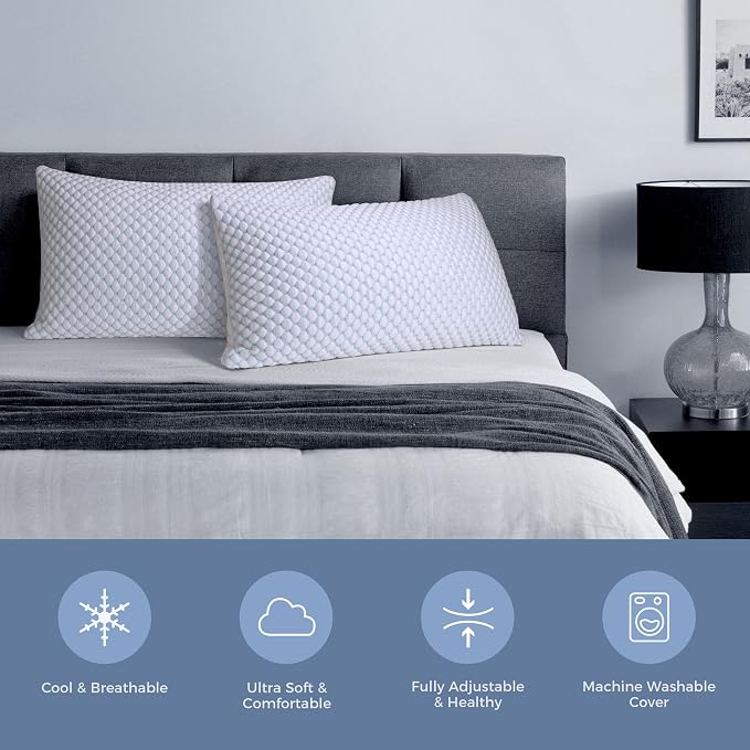 OSBED Cooling Shredded Memory Foam Pillow Standard Size - Adjustable Loft with Gel Beads & Breathable Tencel Cover for Night Sweats Relief(CertiPUR-US & Hypoallergenic & Machine Washable)