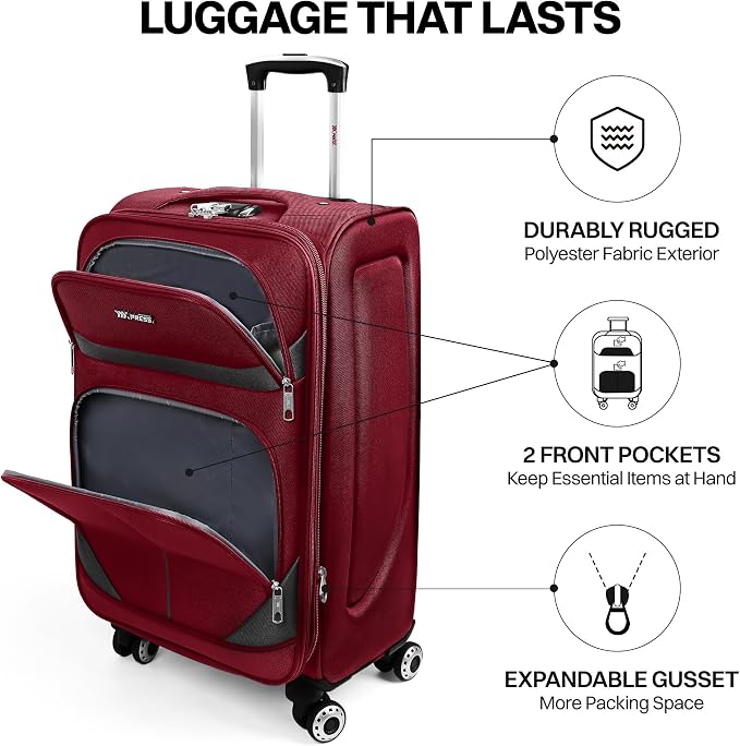 24'' Softside Expandable 15% Rolling Luggage with Double Spinner Wheels & w/LOCK,Lightweight Travel Luggage for Men Women（Burgundy-Grey,24in）