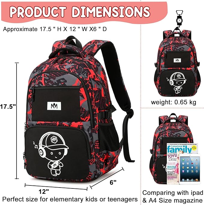 Bluboon Kids Backpack Boys Camo Bookbag Teens Elementary School Bag Daypack Travel Back Pack Middle school (Boy-red doodle)