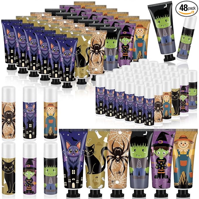 48 Pack Halloween Hand Cream and Lip Balm Gifts Sets for Women Mini Hand Lotion Bulk Travel Size Moisturizing Cream Halloween Party Favors for Boo Basket Stuffers 6 Natural Plant Fragrances