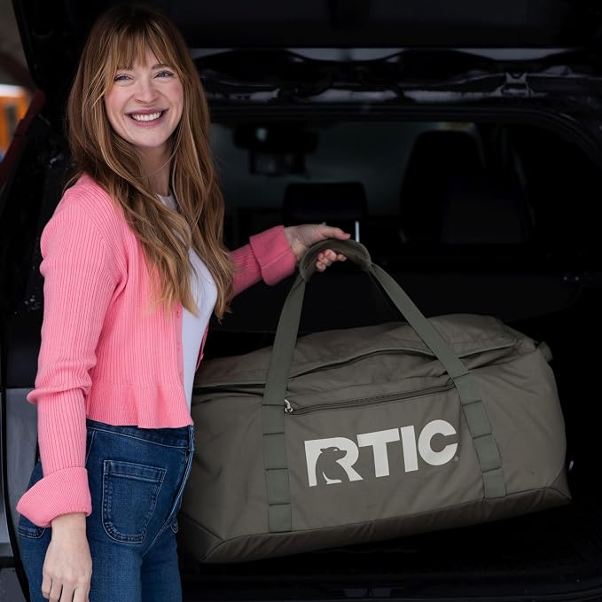RTIC Road Trip Duffle Bag for Men and Women, Traveling Tote for Camp, Travel, Gym, Weekender, Camping, Overnight, Carry On, Sports, Spacious, Water Resistant, Large, Olive & Beach