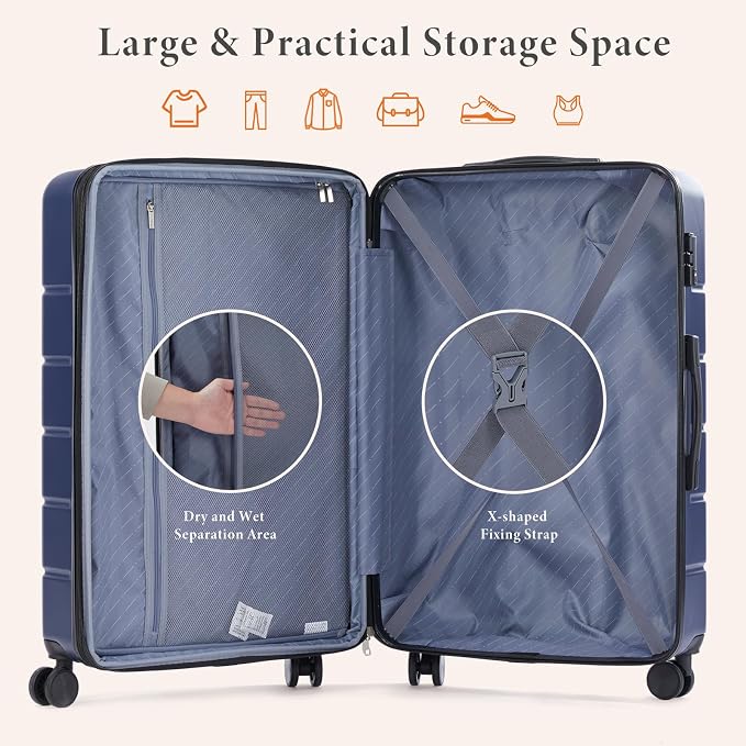 Sweetcrispy Carry on Luggage, Hard Shell ABS Suitcase with Double Spinner Wheels, Lightweight Expandable Rolling Suit Case with TSA Lock, 20 Inch Navy Blue