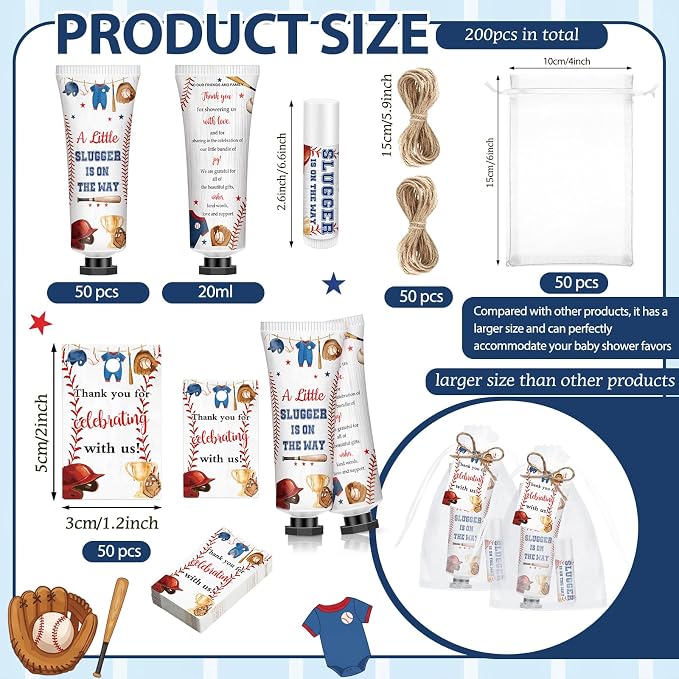 50 Sets 200 Pcs Baby Shower Hand Lotion and Lip Balm Gift a Little Slugger Is on the Way Theme Baby Shower Party Favors Travel Size Hand Lotion and Lip Balm Bulk with Organza Bags Tags