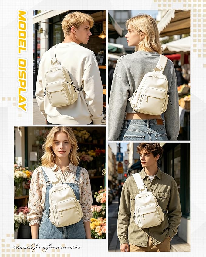 SEAFEW Small Beige Sling Backpack Travel Hiking Daypack, Crossbody Sling Bag with USB Charging Port for Men Women 3 Layer Pockets One Shoulder Bag for Outdoor Sports Casual Commuting