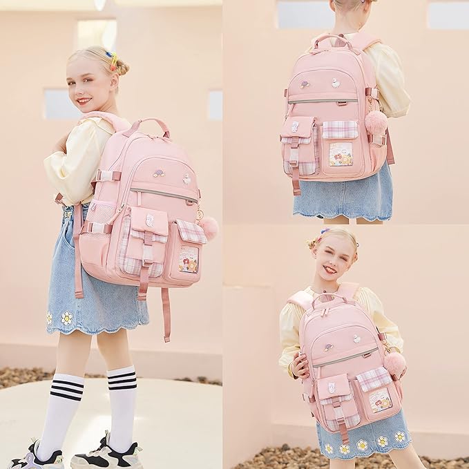 Backpack for Girls 15.6 Inch Laptop School Bag Kids Elementary College 3pcs Backpacks Lunch box Pencil Case Set Bookbags for Girls Teen Women Student Pink