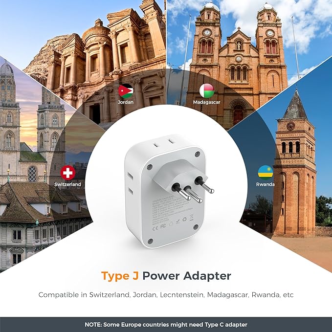 TESSAN Switzerland Travel Plug Adapter, Type J Adaptor with 4 Outlets 3 USB Charging Ports(1 USB C PD 20W), Swiss Travel Plug for US to Switzerland, Liechtenstein, Rwanda, 2 Pack