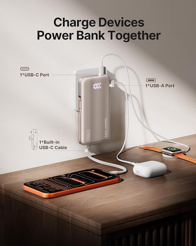 INIU Portable Charger, Ultra Slim 45W Fast Charging Power Bank with Built-in AC Wall Plug, 10000mAh GaN 3-in-1 Battery Pack for Flight-Safe Travel, for iPhone 17 16, Samsung S26, iPad etc, Champagne