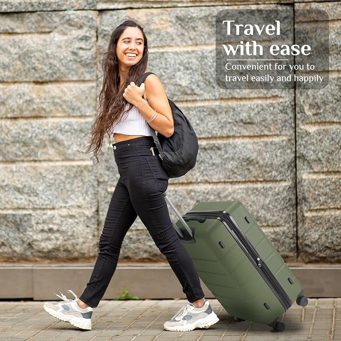 NEWBULIG 24 Inch Checked Luggage, ABS Hard Shell Lightweight Rolling Expandable Suitcase with Smooth Spinner Wheels and TSA Lock for Business Trips and Daily Vacations, Green
