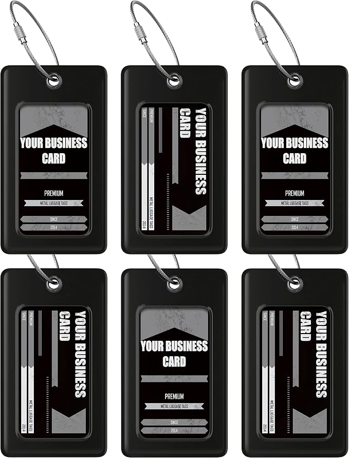 Luggage Tags Business Card Holder by TUFFTAAG - Flexible PVC Travel ID Bag Tag, Black, 6 Pack