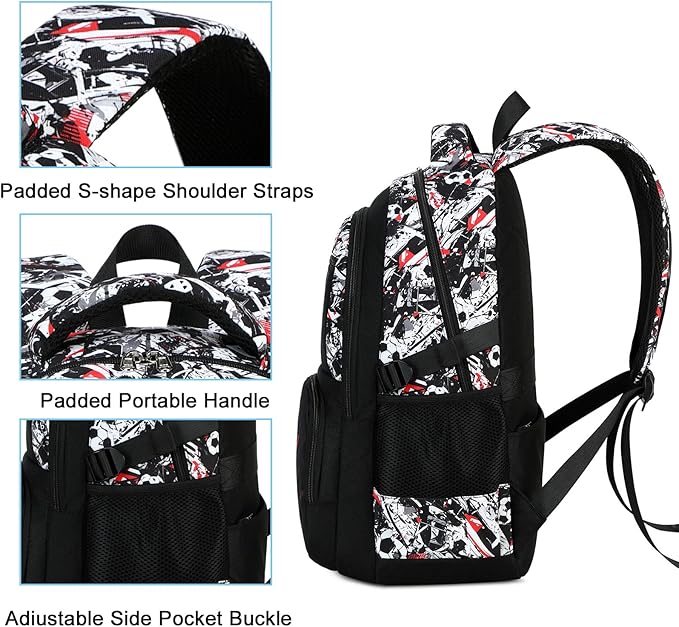 Bluboon Kids Backpack Boys Camo Bookbag Teens Elementary School Bag Daypack Travel Back Pack Middle school (Black White and Red Graffiti)
