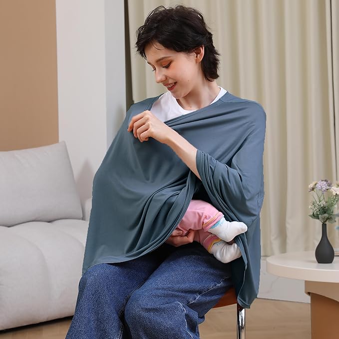Seejoy Nursing Cover for Breastfeeding, 360°Full Coverage Nursing Poncho, Rayon Soft & Breathable Breastfeeding Cover up (Smooth Rayon, Blue)