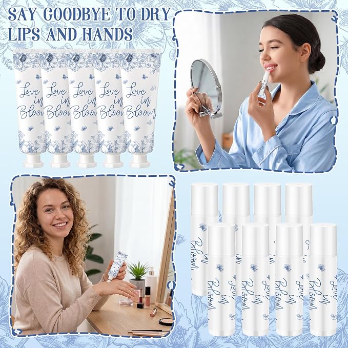 24 Sets Blue Floral Love Is in Blooming Hand Cream and Lip Balm Gift Love Is in Blooming Bridal Shower Favors for Guest Travel Size Hand Lotion and Lip Balm Bulk Bridal Shower Birthday Party Supplies