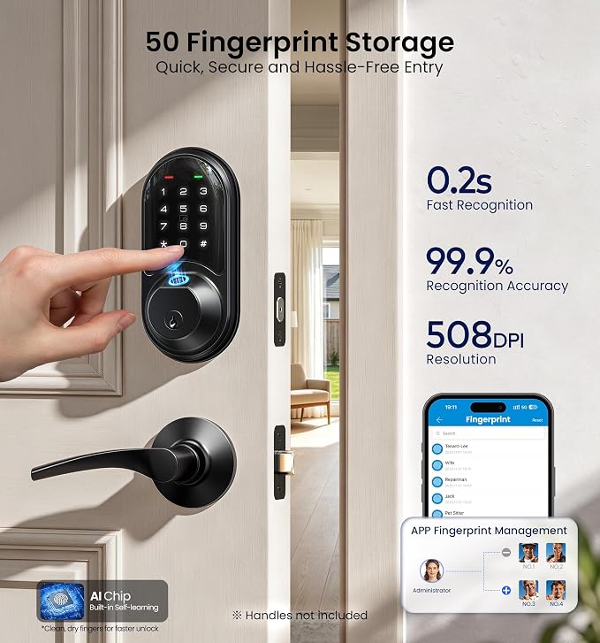 Veise RZ07 Fingerprint Smart Lock, 7-in-1 Smart Locks for Front Door, Keyless Entry Door Lock with App Control & Auto-Lock, Biometric Electronic Touchscreen Keypad Deadbolt, Matte Black