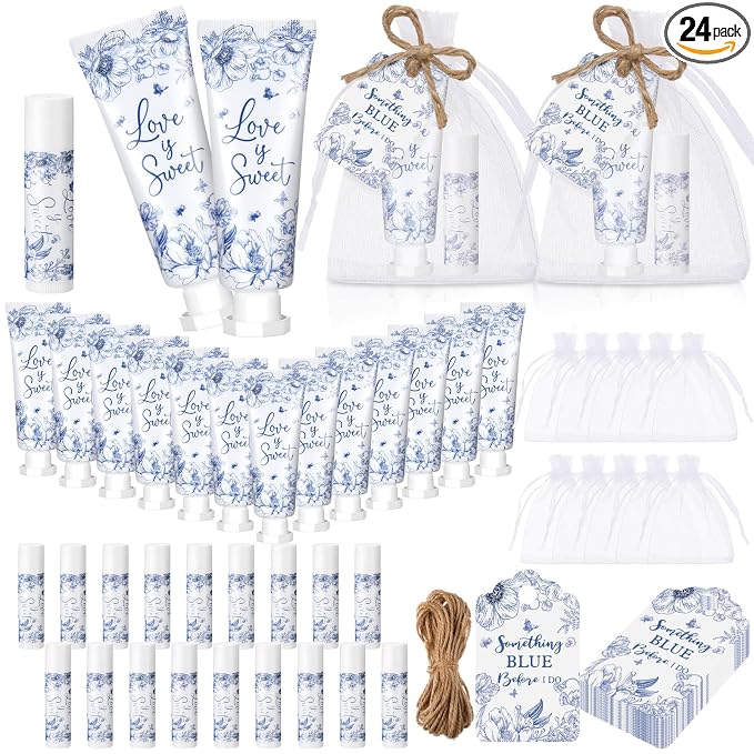 24 Sets Something Blue Before I Do Bridal Shower Hand Cream and Lip Balm Gift Bulk Blue Floral Wedding Favors Travel Size Hand Lotion and Lip Balm Wedding Bridal Shower Party Supplies for Guest