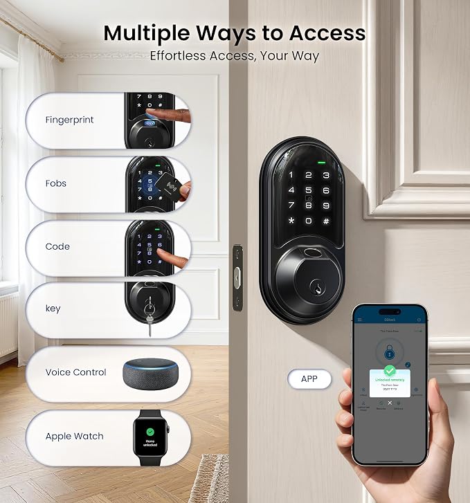 Veise RZ07 Fingerprint Smart Lock, 7-in-1 Smart Locks for Front Door, Keyless Entry Door Lock with App Control & Auto-Lock, Biometric Electronic Touchscreen Keypad Deadbolt, Matte Black
