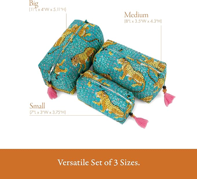 Saffron Marigold Quilted Makeup Bag Set of 3, Hand Block Printed Cotton Cosmetic Bags for Women, Waterproof Lined Travel Toiletry Bag, Coquette Aesthetic, Handmade Gift, Turquoise Cheetah Trails