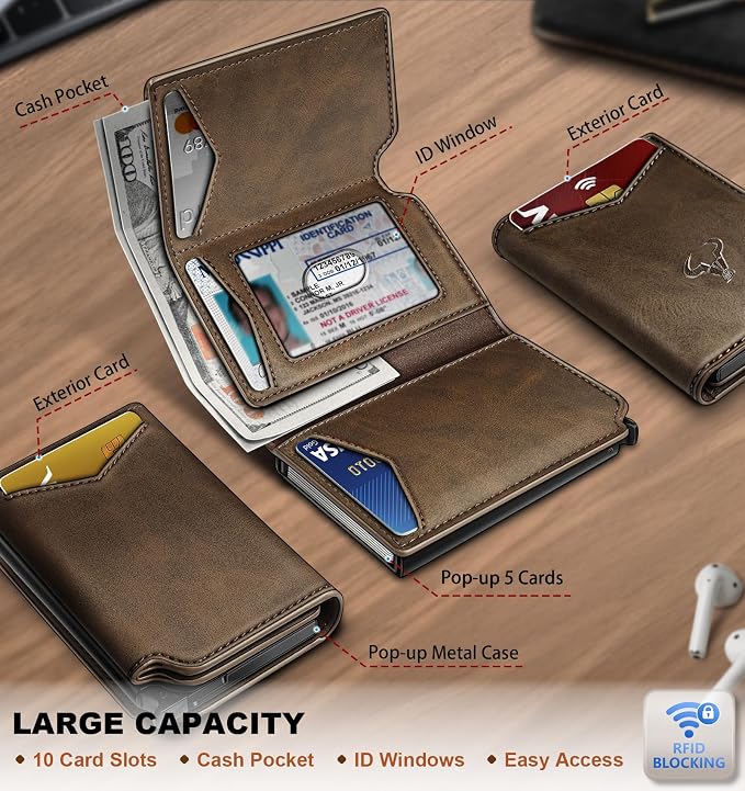 BULLIANT Men Wallet Leather Wallet Card Holders Money Clip for Men 10Cards-Magnetic Flip on Metal Case
