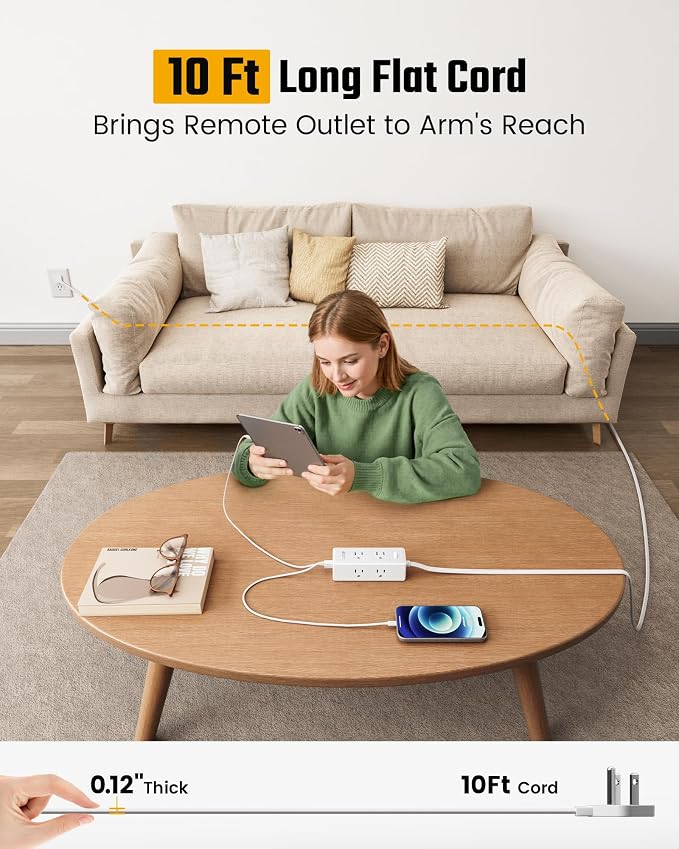 10 Ft Extension Cord with Multiple Outlets, Long Extension with 6 Outlets 4 USB Ports(2 USB C), Flat Plug Surge Protector Power Strip for Home, Office Supplies, Dorm Essentials