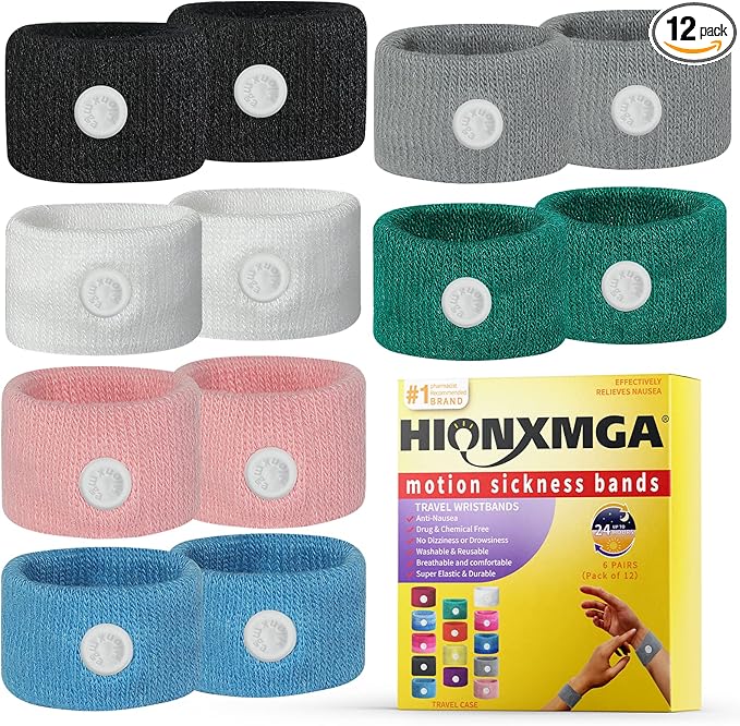 HIONXMGA 6 Pairs Motion Sickness Bands – Natural Anti Nausea Acupressure Wristbands for Morning & Motion Sickness Relief – Ideal for Car, Cruise & Flight Travel – for Adults and Kids
