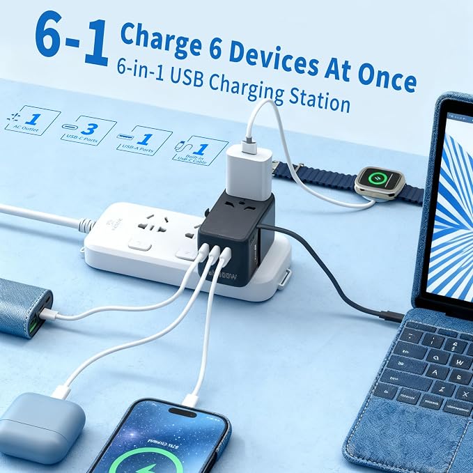 100W GaN Universal Travel Adapter - 6-in-1 International Plug Adapter Wall Charger for 200+ Countries, Built-in USB-C Cable Multi Port Fast Charging Worldwide - US/EU/UK/AUS