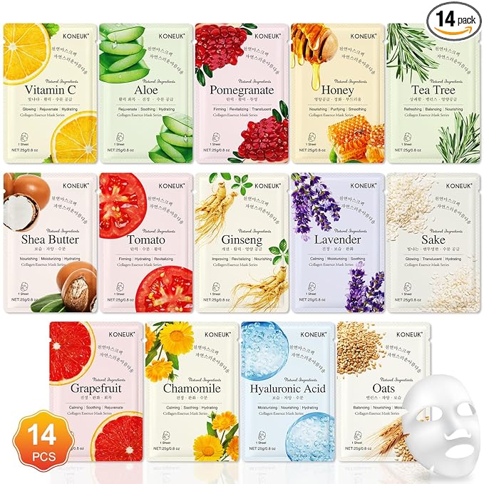 KONEUK 14 Pack Sheet Face Masks Skincare, Hydrating Face Masks Suitable for Dry Skin, Bulk Facial Mask Set for Women Skin Care, Face Mask Gifts Set for Face Spa