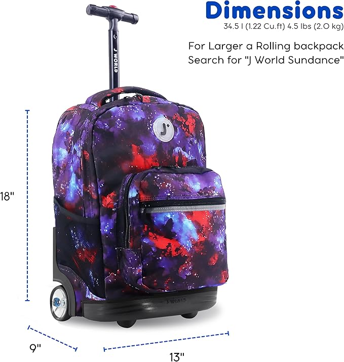 J World Sunrise Kids Rolling Backpack for Girls Boys. Roller Bookbag With Wheels For School, Galax