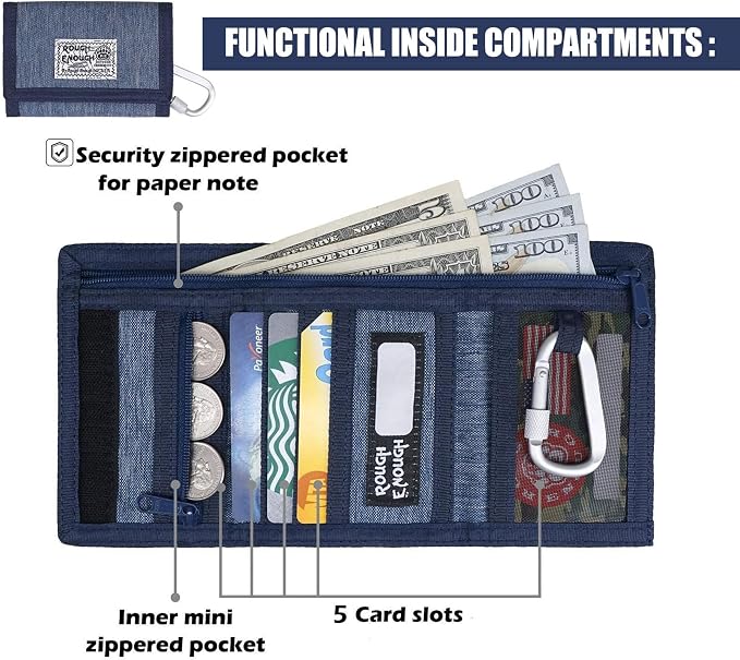 Rough Enough Kids Wallet for Boys with RFID Blocking Denim Canvas Blue | Includes lanyard keychain carabiner. For camping travel and outdoor use. Smooth YKK zippers. Holds cards cash ID. 5x3.4 inch