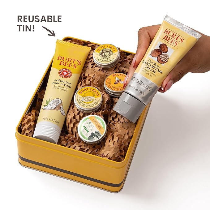 Burt's Bees Mothers Day Gifts Ideas - Classics Set, 6 Products in Giftable Tin – Cuticle Cream, Hand Salve, Lip Balm, Res-Q Ointment, Hand Repair and Foot Cream