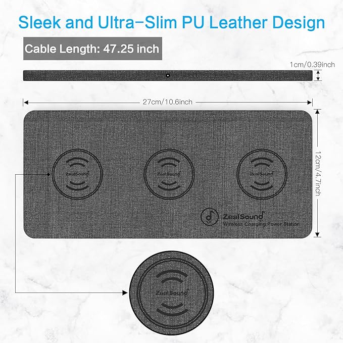 ZealSound Wireless Charging Pad, 3 in 1 Charger Mat for iPhone, Samsung Galaxy, Pixel, AirPods & Galaxy Buds, 24W Adapter Included, Ultra Slim, Case Friendly, PU Leather, Home Office & Travel, Gray